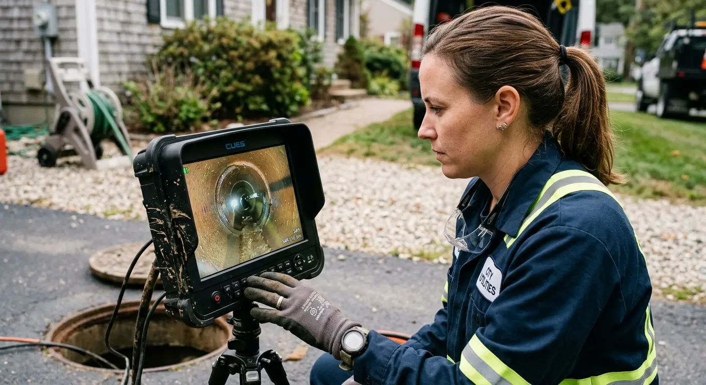 Technician reviewing sewer camera inspection footage in Morristown