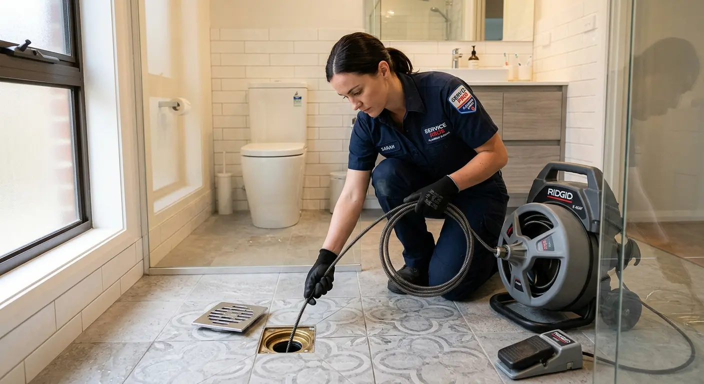 Technician clearing a bathroom floor drain for Clogged Drain Repair in Morristown